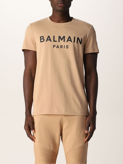Shop Balmain Cotton T-shirt With Logo In Nude