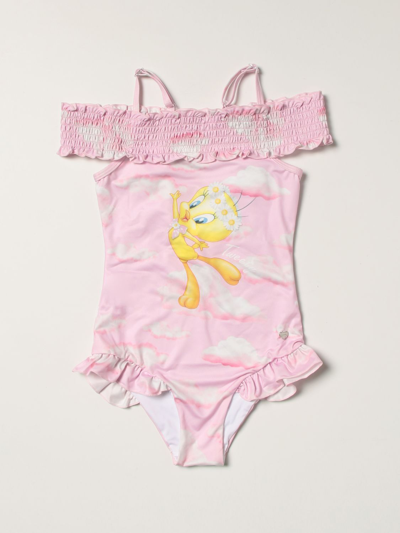 Shop Monnalisa One-piece Swimsuit With Tweety Print In Pink