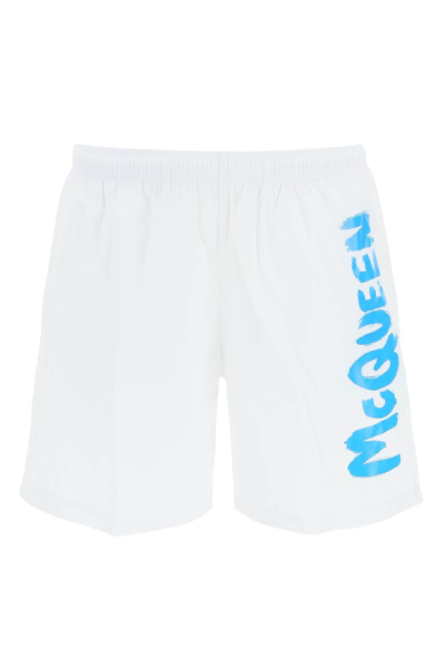 Shop Alexander Mcqueen Graffiti Logo Swim Shorts In White