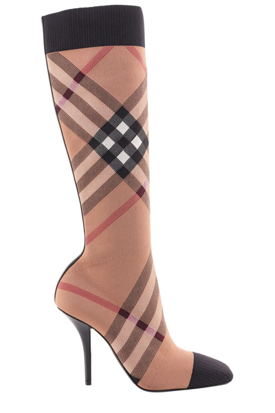 Shop Burberry Knitted Check Sock Boots In Brown