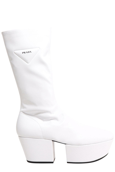 Shop Prada Logo Detailed Platform Boots In White