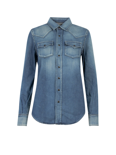 Shop Saint Laurent Pointed Collar Denim Shirt In Blue