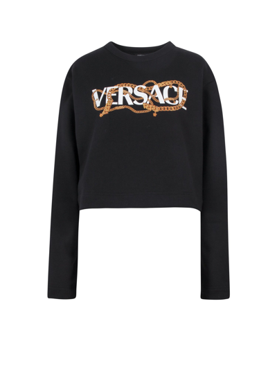 Shop Versace Chain Detailed Cropped Sweatshirt In Black