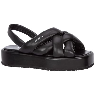 Prada Woven Leather Slingback Flatform Sandals In Black