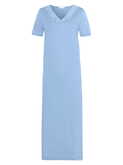 Shop Hanro Women's Moments Short Sleeve Long Gown In Blue Moon