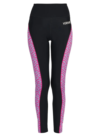 Shop Versace Women's Greca Signature Accent Gym Leggings In Cerise Cornflower