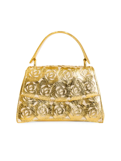 Shop Nancy Gonzalez Women's Caroline Rose Cut-out Crocodile Leather Top-handle Bag In Gold Elaphe With Straw