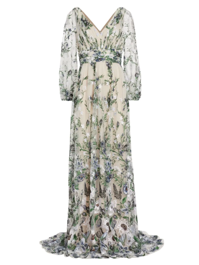Shop Marchesa Notte Women's Semi-sheer Floral-embroidered Gown In Ivory