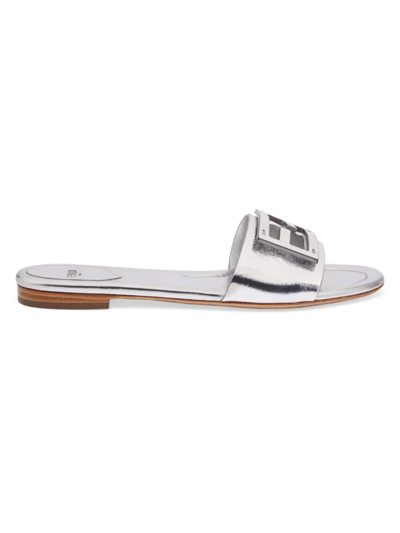 Shop Fendi Women's Metallic Leather Logo Slides In Argento