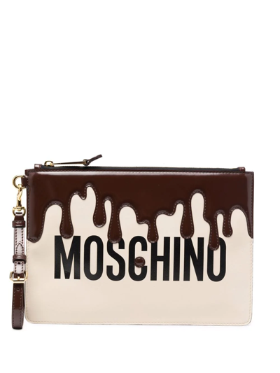Shop Moschino Dripping Logo-print Clutch Bag In Neutrals