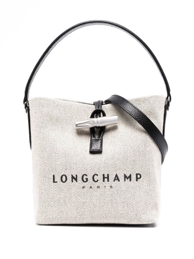 Longchamp Roseau Bucket Bag NWT Signature Monogram Taupe Black Silver