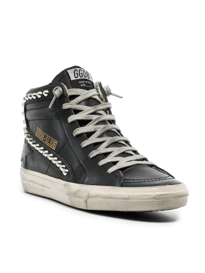 Shop Golden Goose Slide Distressed Studded Sneakers In Black