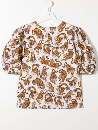 Shop Kenzo Tiger-print Puff-sleeve Top In Brown
