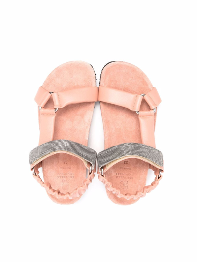 Brunello Cucinelli Silver-studded Touch-strap Sandals In Pink