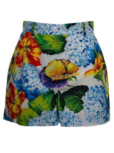 Shop Dolce & Gabbana Hydrangea Print Cotton Poplin Shorts In Multicolor
