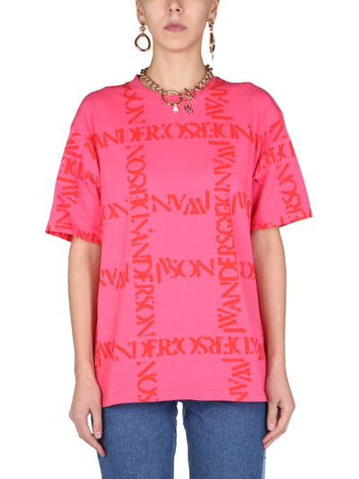 Shop Jw Anderson T-shirt With All Over Logo Print In Fuchsia