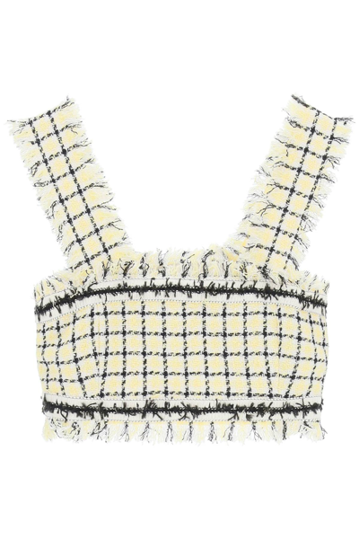 Shop Msgm Tweed Cropped Top In White,black,yellow