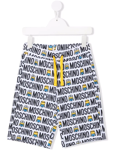 Moschino Kids White Bermuda With All-over Minions And Logo Print In White