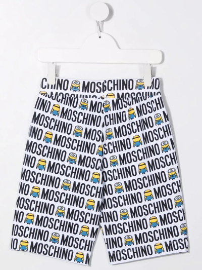 Moschino Kids White Bermuda With All-over Minions And Logo Print In White
