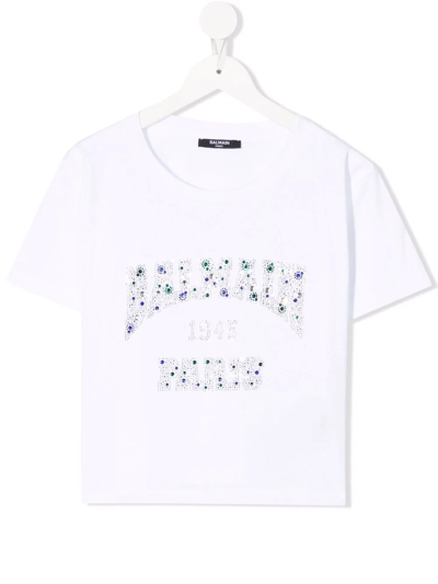 Shop Balmain Teen Rhinestone-logo T-shirt In White