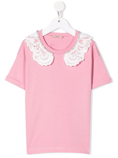 Shop N°21 Crystal-embellished Lace-trim T-shirt In Pink