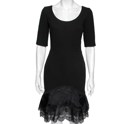 Pre-owned Oscar De La Renta Black Wool & Lace Trimmed Dress S