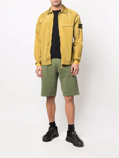 Shop Stone Island Compass-patch Crinkled Zip-up Overshirt In Yellow
