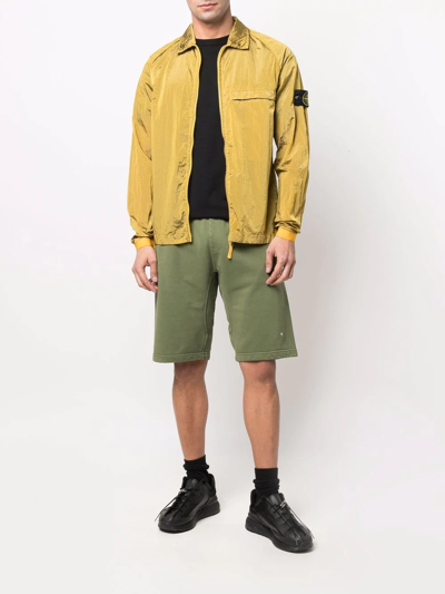 Stone Island Compass-patch Crinkled Zip-up Overshirt In Yellow