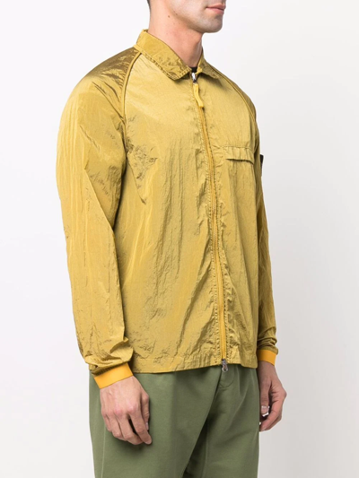 Stone Island Compass-patch Crinkled Zip-up Overshirt In Yellow