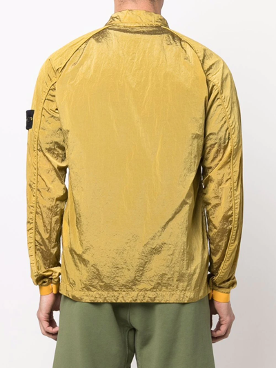 Stone Island Compass-patch Crinkled Zip-up Overshirt In Yellow