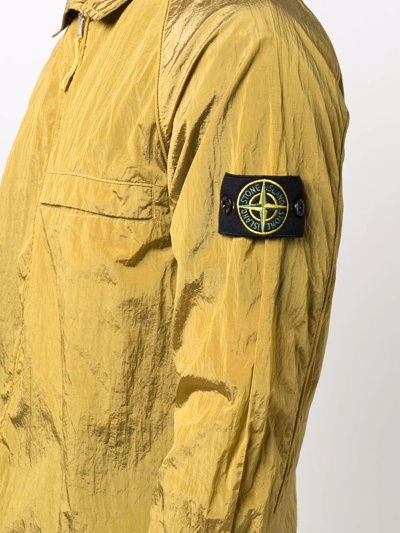Stone Island Compass-patch Crinkled Zip-up Overshirt In Yellow