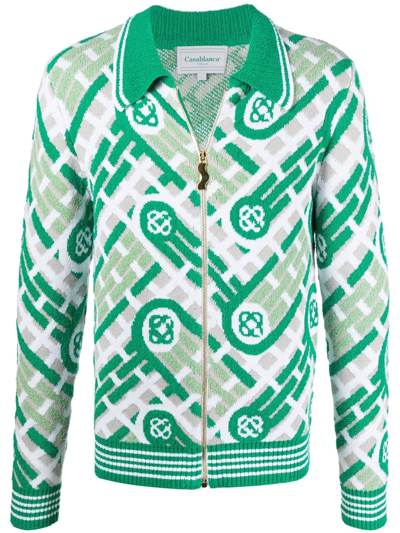 Shop Casablanca Monogram Knitted Zip-up Cardigan In Green
