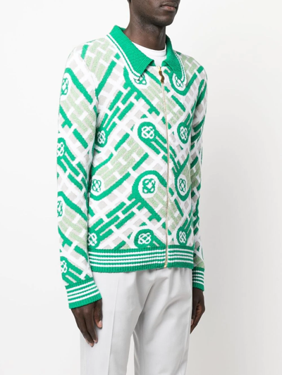 Shop Casablanca Monogram Knitted Zip-up Cardigan In Green