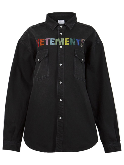 Shop Vetements Multicolour Crystal Logo Denim Shirt In Black