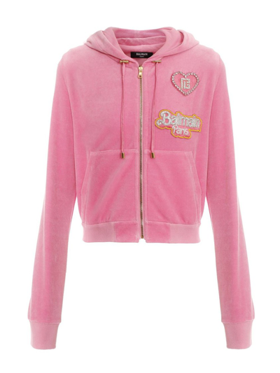 Shop Balmain X Barbie Cropped Velvet Zipped Hoodie With Badges In Pink