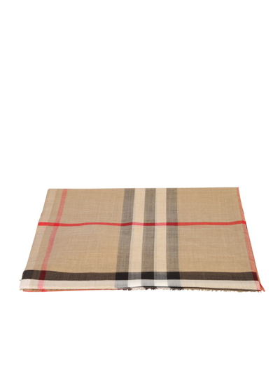 Shop Burberry Check Motif Wool And Silk Scarf In Brown