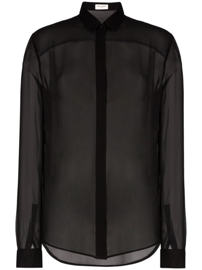Shop Saint Laurent Black Silk Sheer Button-up Shirt