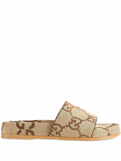 Shop Gucci Slider Logo Sandals In Beige