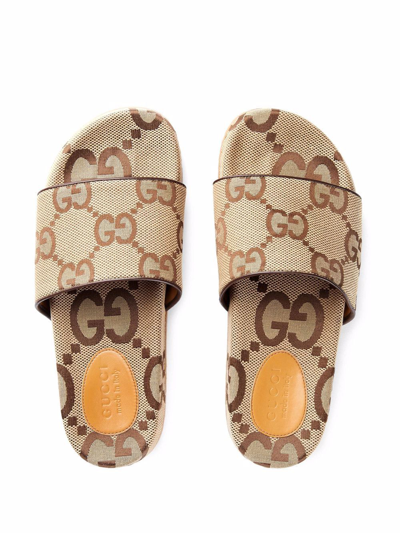 Shop Gucci Slider Logo Sandals In Beige