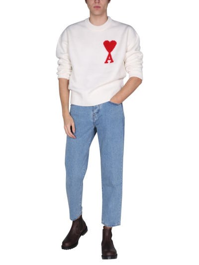 Shop Ami Alexandre Mattiussi Crew Neck Sweater With Embroidered Logo  Unisex In White