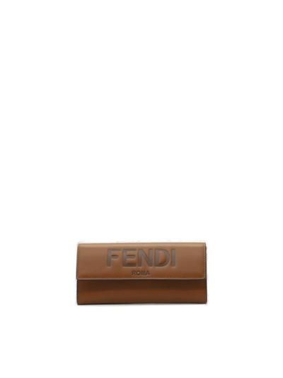 Shop Fendi Logo Embossed Continental Wallet In Brown