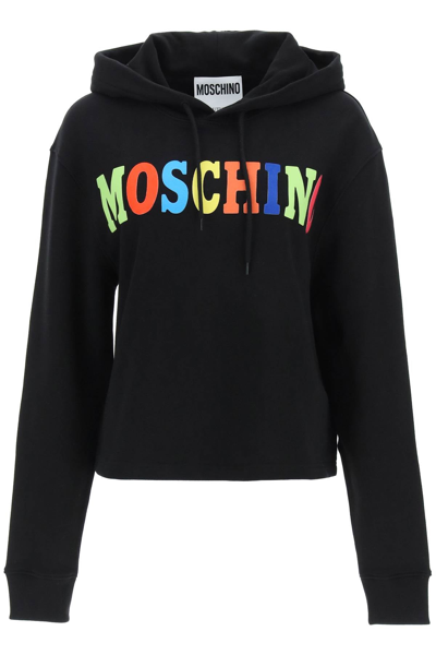 Shop Moschino Logo Printed Drawstring Hoodie In Black