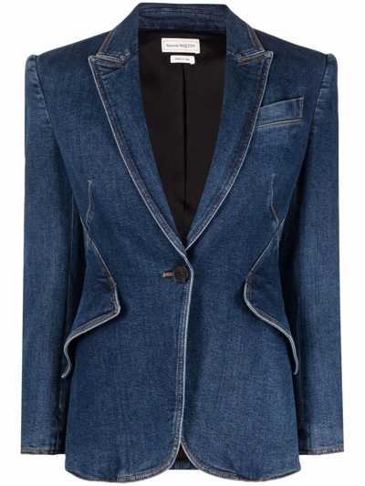 Shop Alexander Mcqueen Blue Single Breasted Denim Blazer