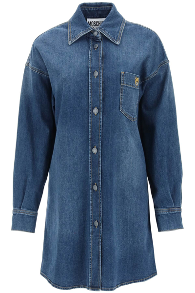 Shop Moschino Denim Shirt Dress In Fantasia Blu (blue)