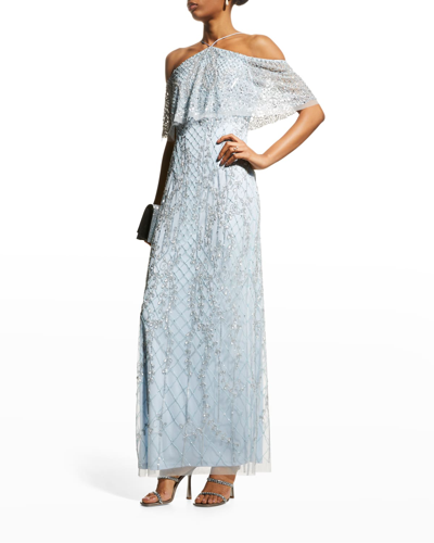 Shop Aidan Mattox Cold-shoulder Beaded Halter Gown In Clear Water