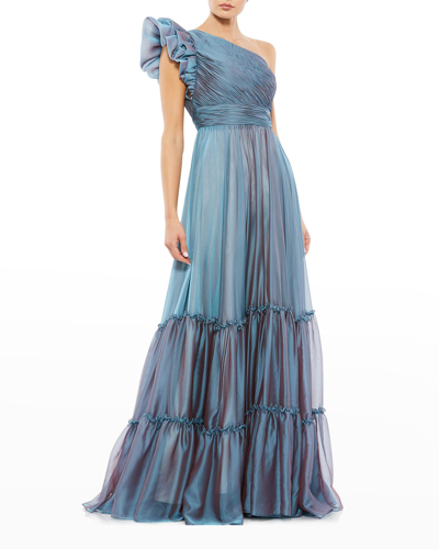 Shop Mac Duggal One-shoulder Iridescent A-line Gown In Fusion Blue