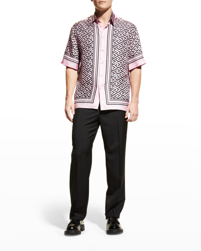 Shop Versace Men's Greca Monogram Silk Sport Shirt In Candyblack
