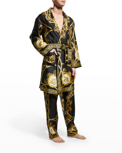 Shop Versace Men's Barocco-print Robe In Black-gold