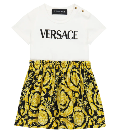 Shop Versace Baby Barocco Jersey T-shirt Dress In Bianco+nero+oro