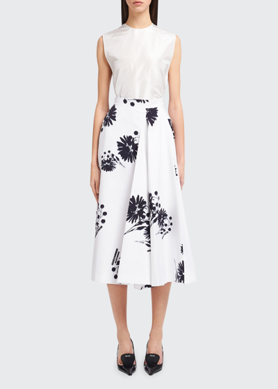 Shop Prada Flower-print Poplin Midi Skirt In White/black